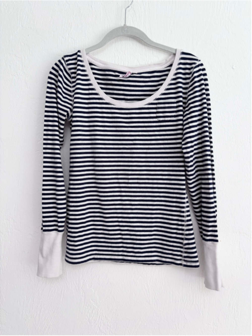 Women's Outlook Long Sleeve Striped Tee, Size L, White and Navy Blue Cotton